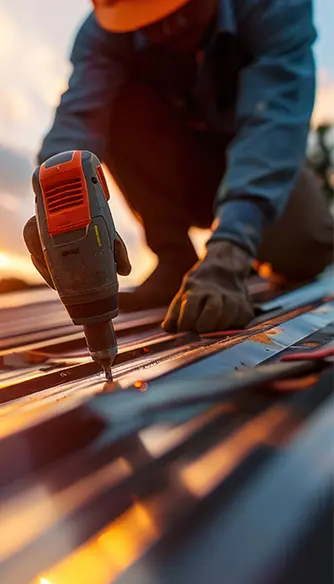 Un artisan couvreur, portant des gants de travail et un casque, utilise une visseuse pour fixer des plaques métalliques sur une toiture.